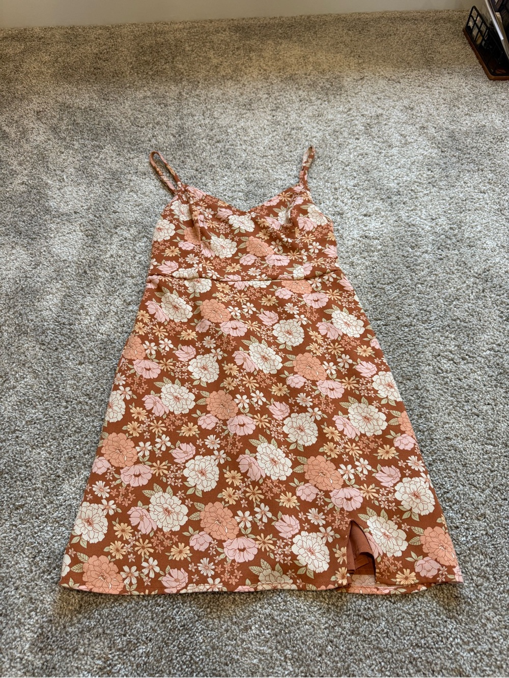 Hollister Rust Brown Floral Mini Dress with Pink & Cream Flowers